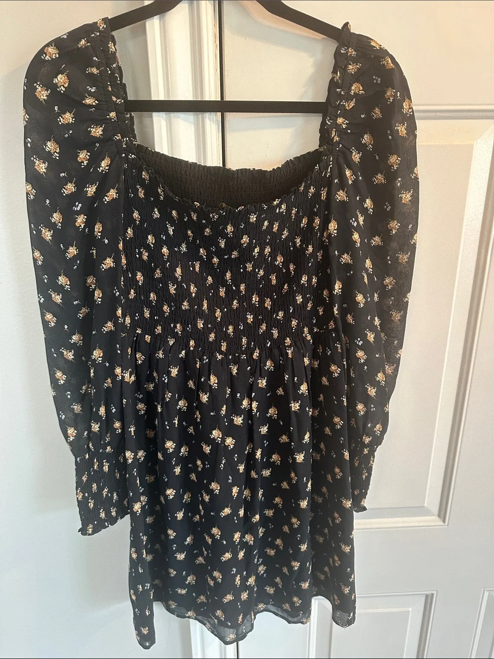 Maje Black Floral Mini Dress with Puff Sleeves